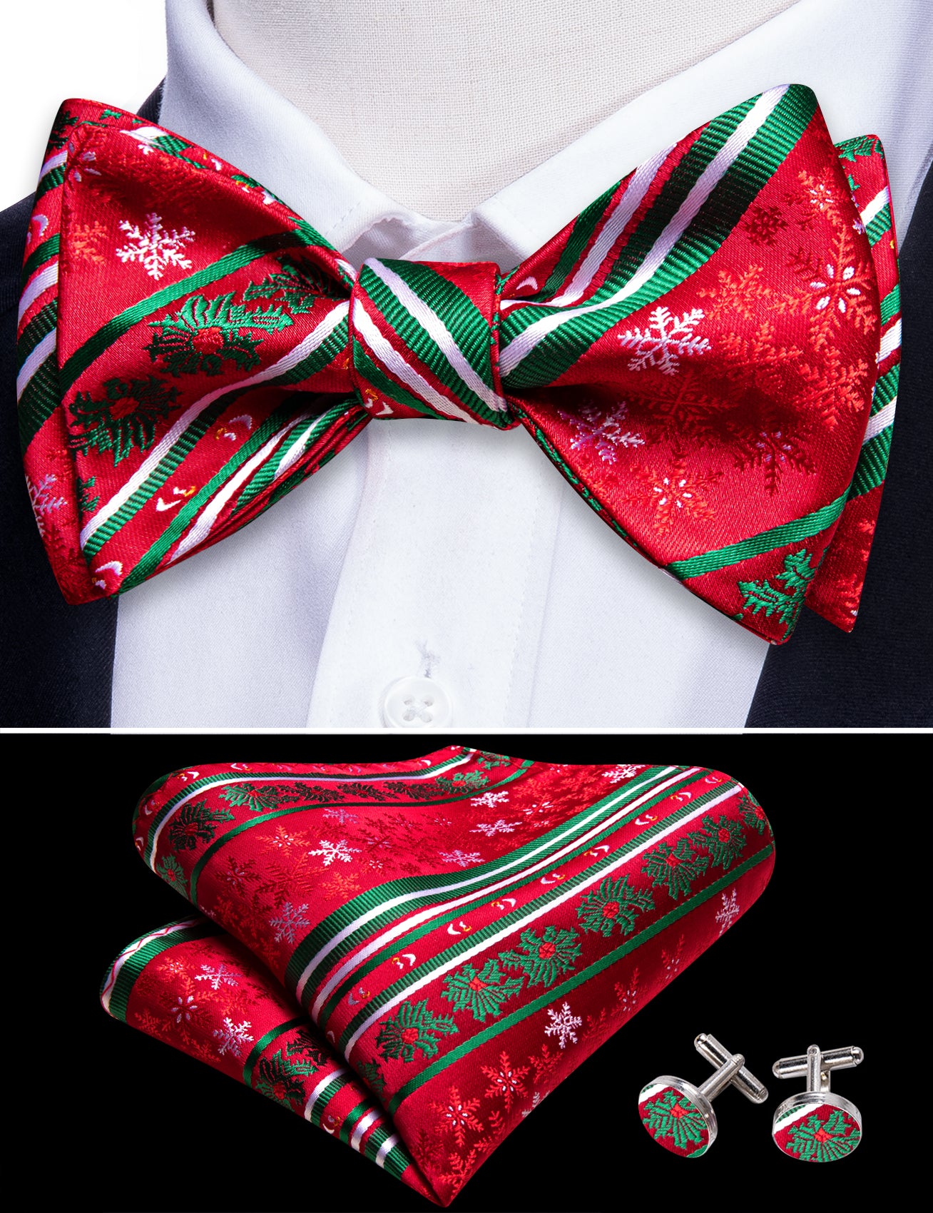 Christmas Red Snowflake Self Tied Bow Tie Hanky Cufflinks Set