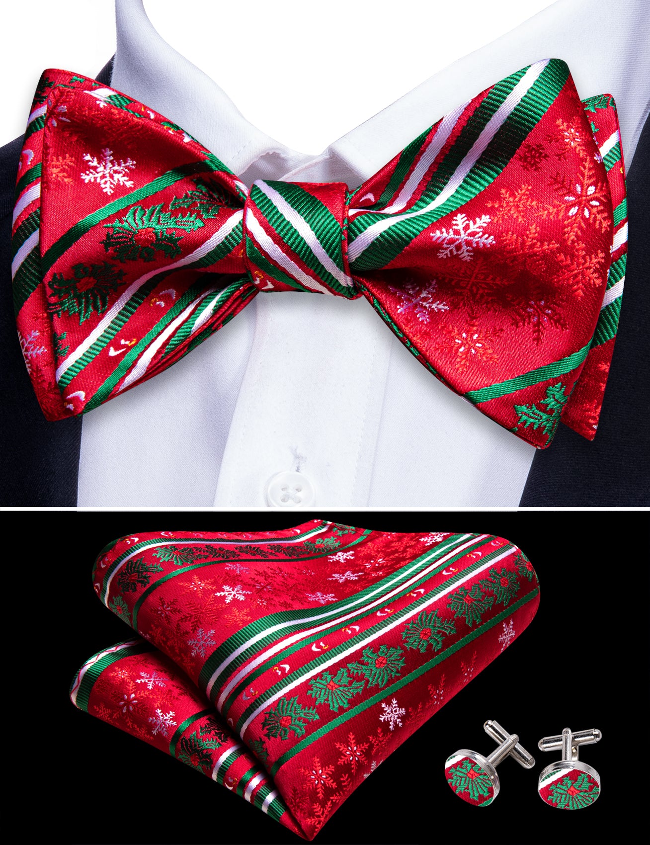 Christmas Red Snowflake Self Tied Bow Tie Hanky Cufflinks Set