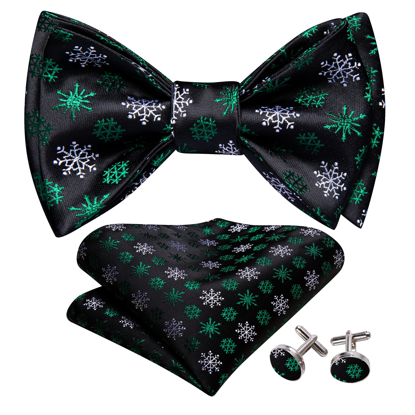 Christmas Black Green Snowflake Self Tied Bow Tie Hanky Cufflinks Set