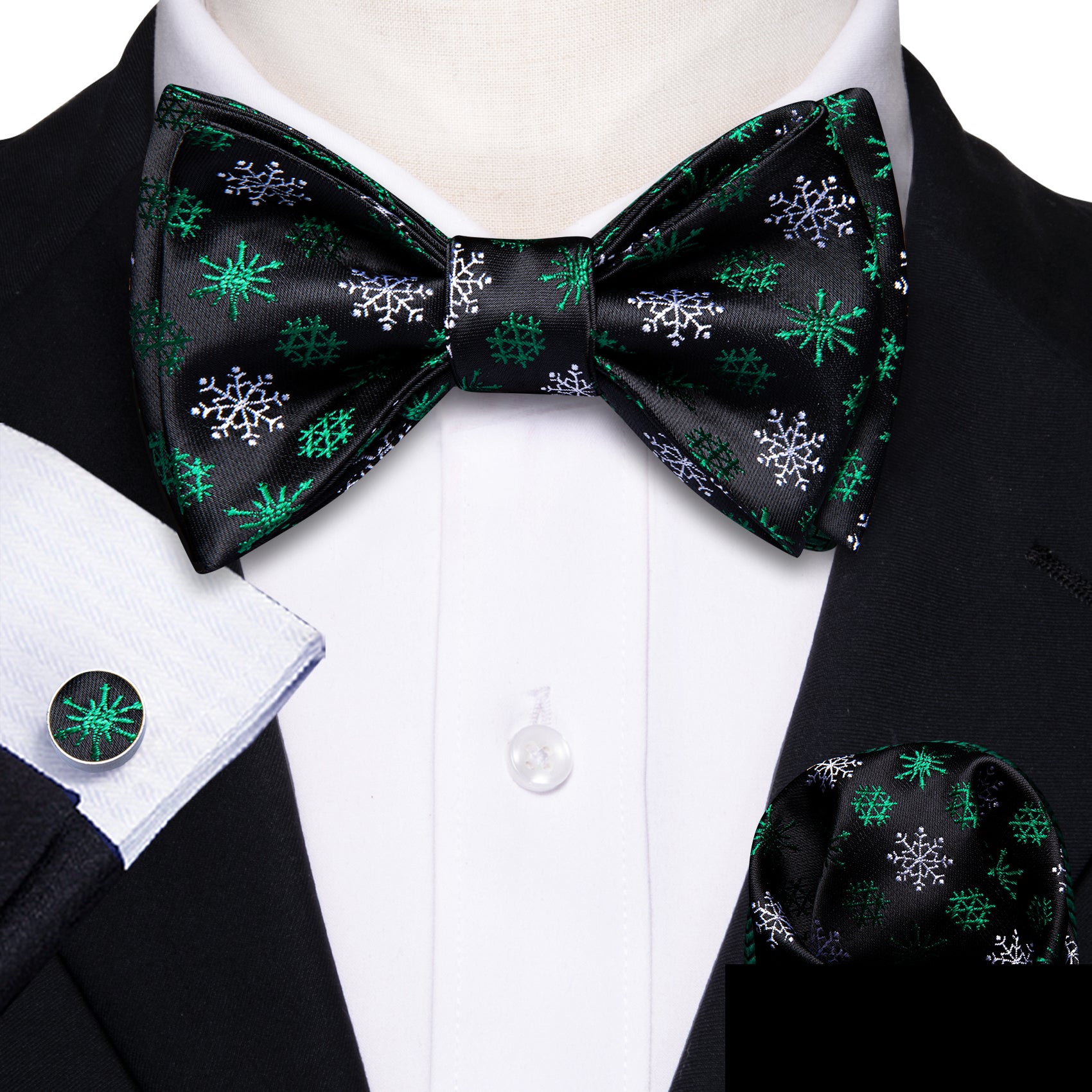 Christmas Black Green Snowflake Self Tied Bow Tie Hanky Cufflinks Set