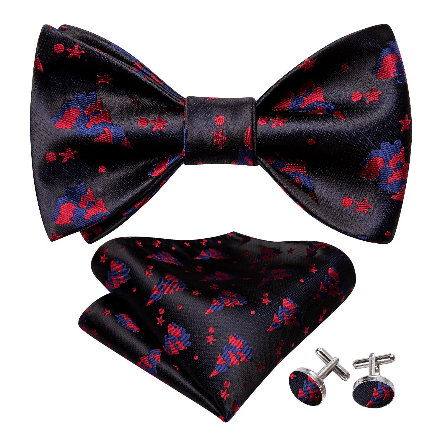 Christmas Black Red Tree Silk Bow Tie Hanky Cufflinks Set