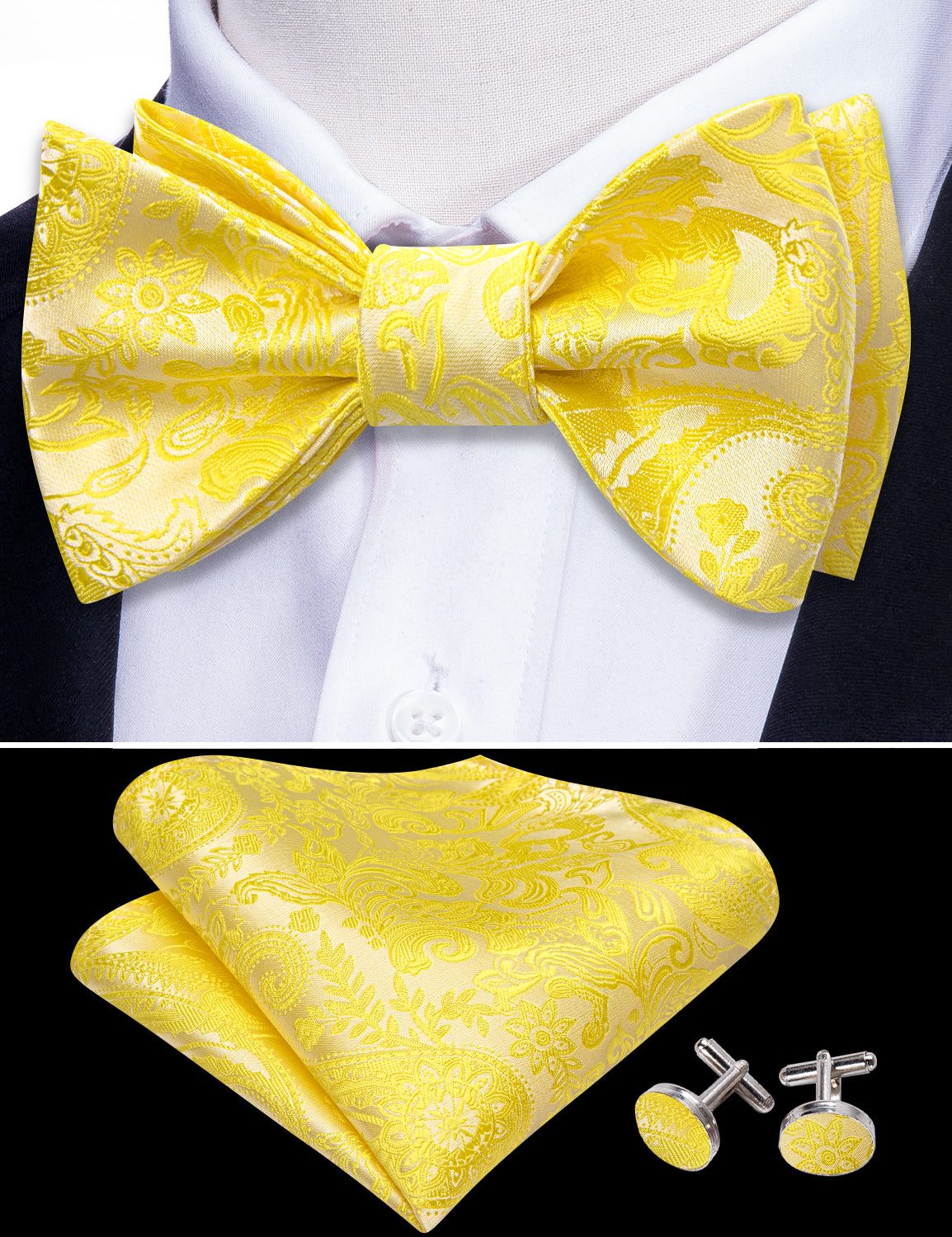 Yellow Paisley Silk Bow Tie Hanky Cufflinks Set