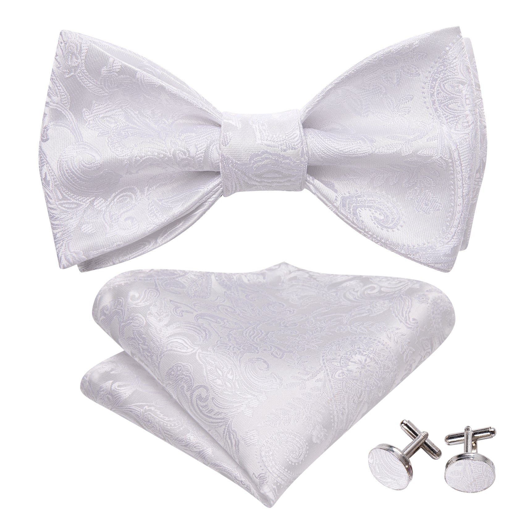 White Paisley Silk Bow Tie Hanky Cufflinks Set