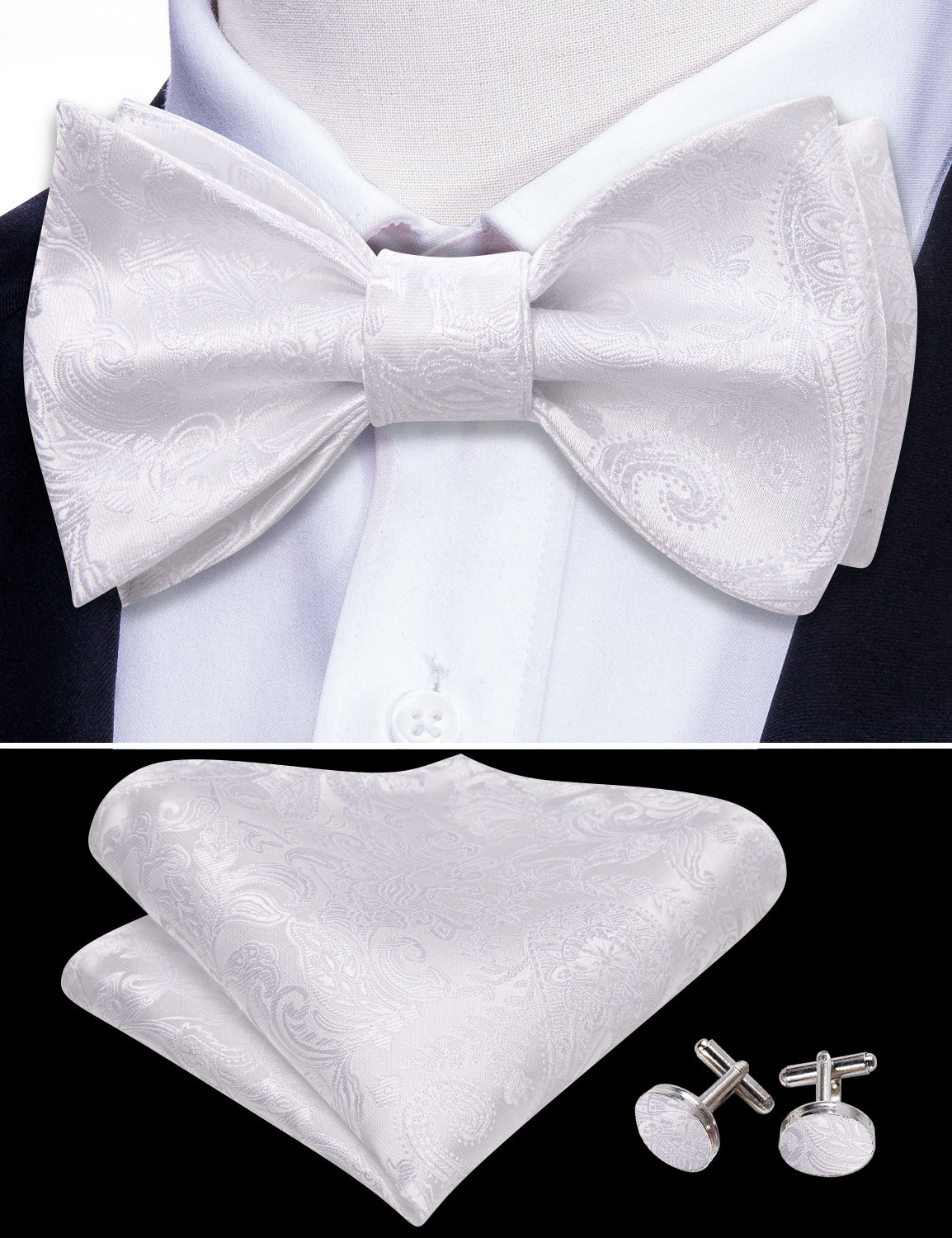 Barry Wang Mens Bow Tie White Paisley Silk Tie Hanky Cufflinks Set
