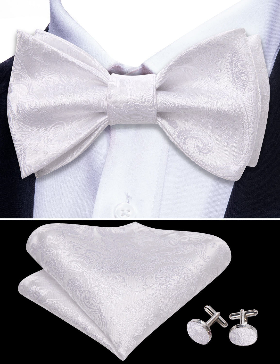 Barry Wang Mens Bow Tie White Paisley Silk Tie Hanky Cufflinks Set