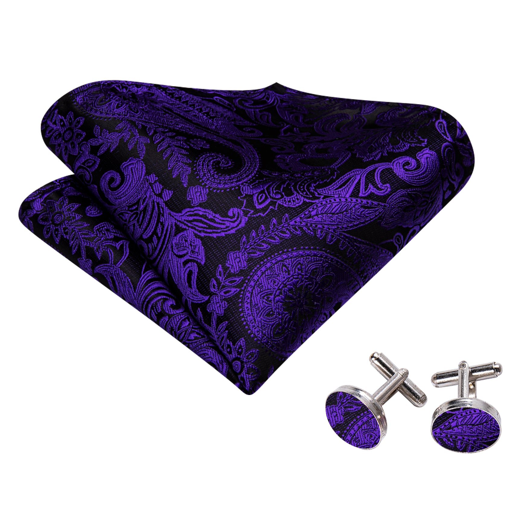 Purple Black Paisley Silk Bow Tie Hanky Cufflinks Set