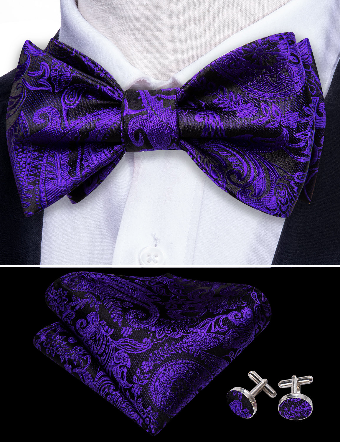 Purple Black Paisley Silk Bow Tie Hanky Cufflinks Set