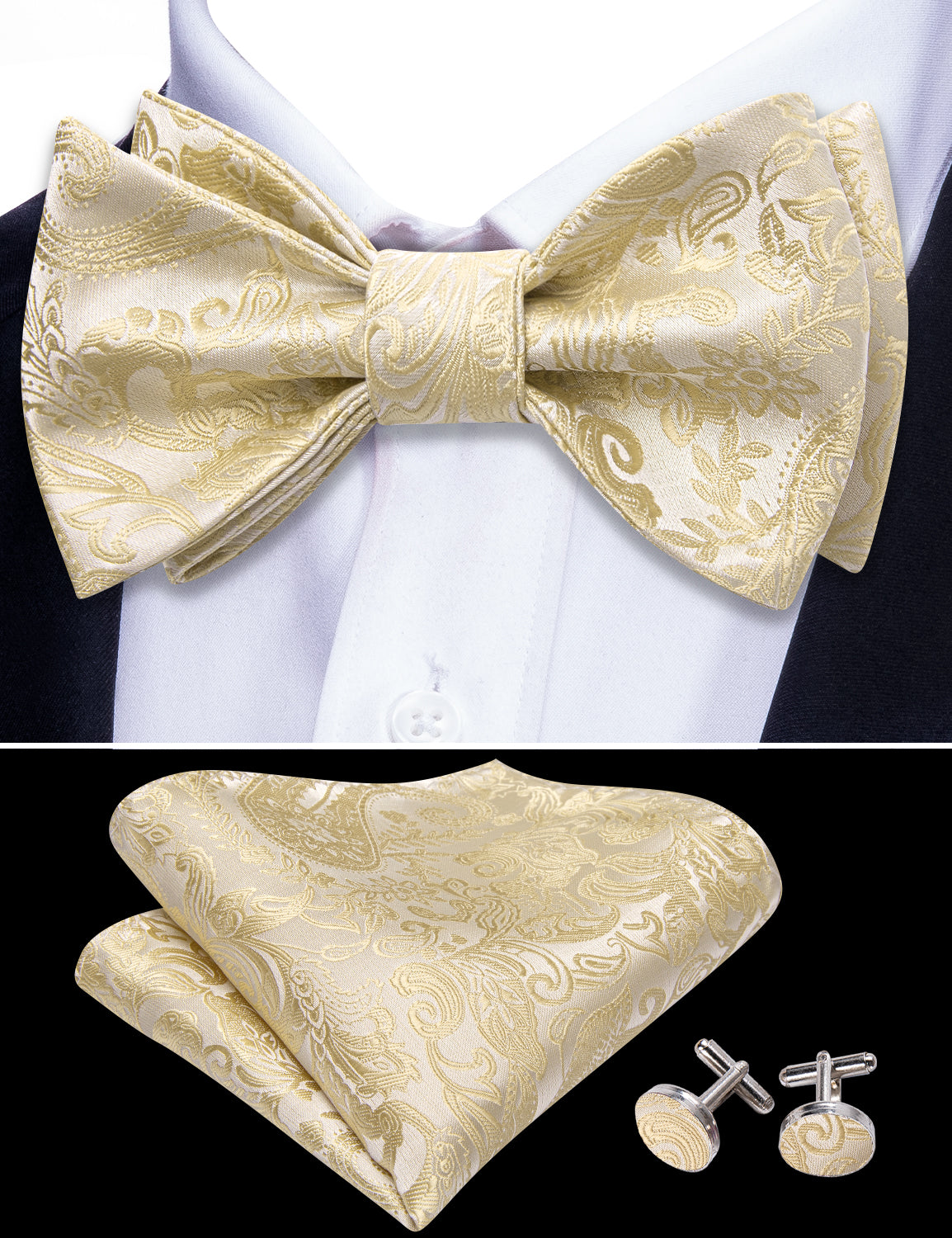 Linen Paisley Silk Bow Tie Hanky Cufflinks Set