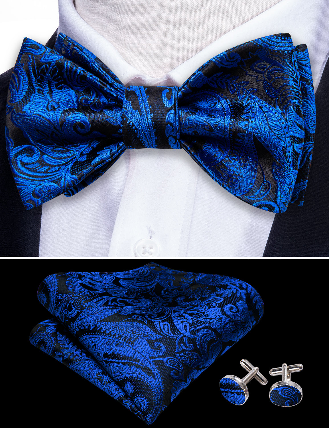 Blue Black Paisley Silk Bow Tie Hanky Cufflinks Set
