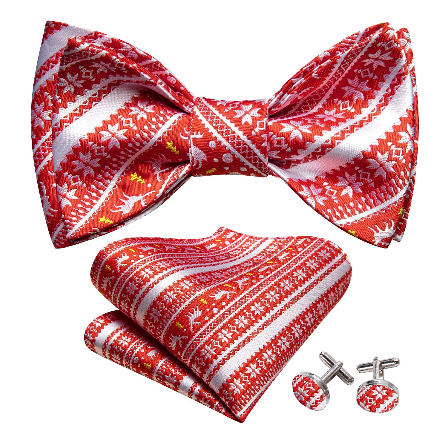 Christmas Red Silver Elk Bow Tie Hanky Cufflinks Set