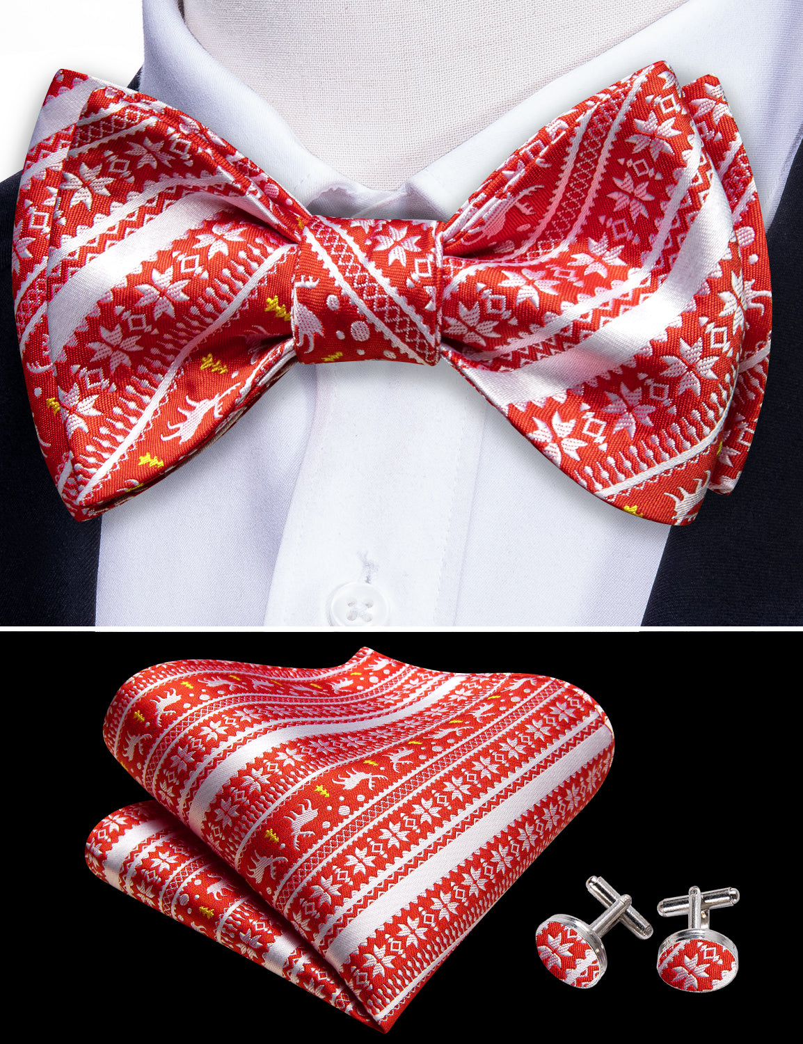 Christmas Red Silver Elk Silk Bow Tie Hanky Cufflinks Set