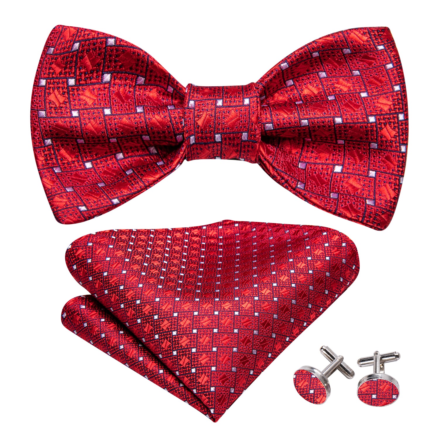 Red White Plaid Self Tie Bow Tie Hanky Cufflinks Set