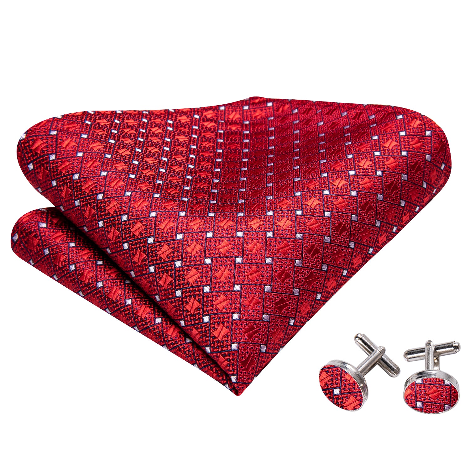 Red White Plaid Self Tie Bow Tie Hanky Cufflinks Set