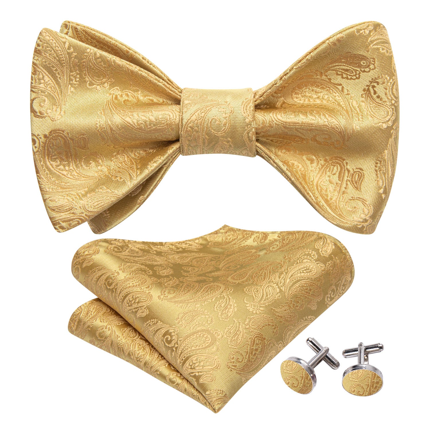 Gold Paisley Silk Bow Tie Hanky Cufflinks Set