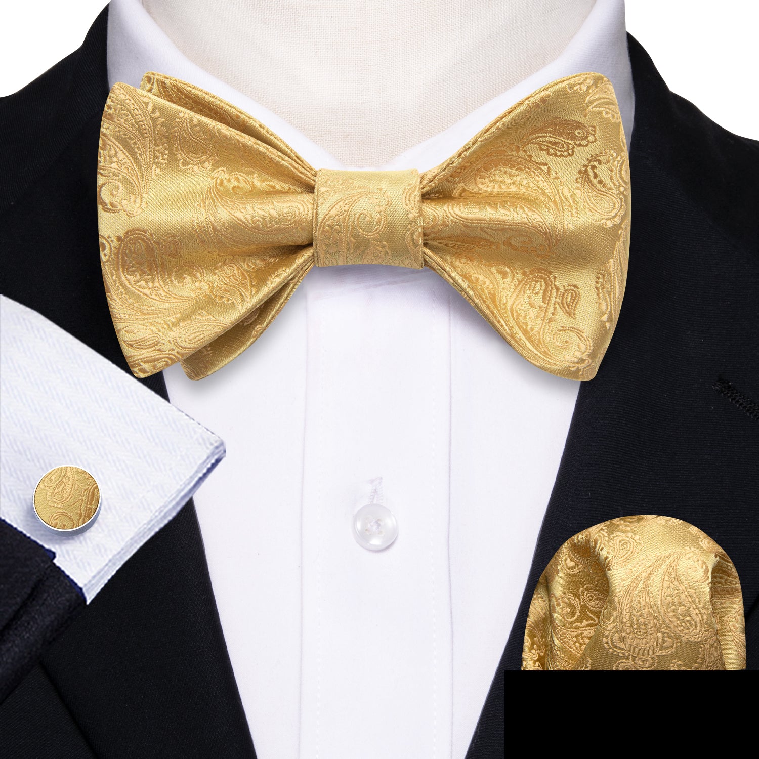 Gold Paisley Silk Bow Tie Hanky Cufflinks Set