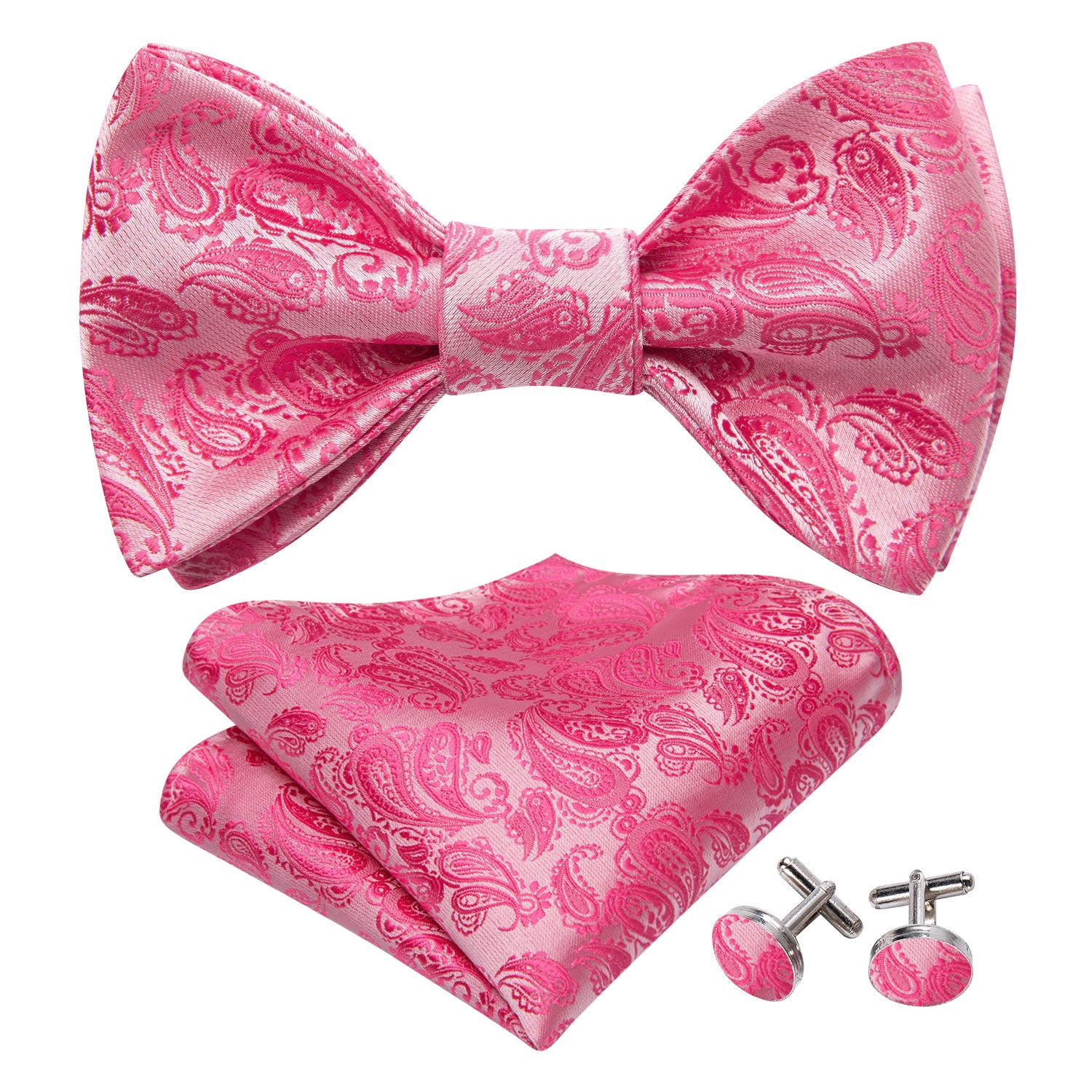 Hot Pink Paisley Silk Bow Tie Hanky Cufflinks Set