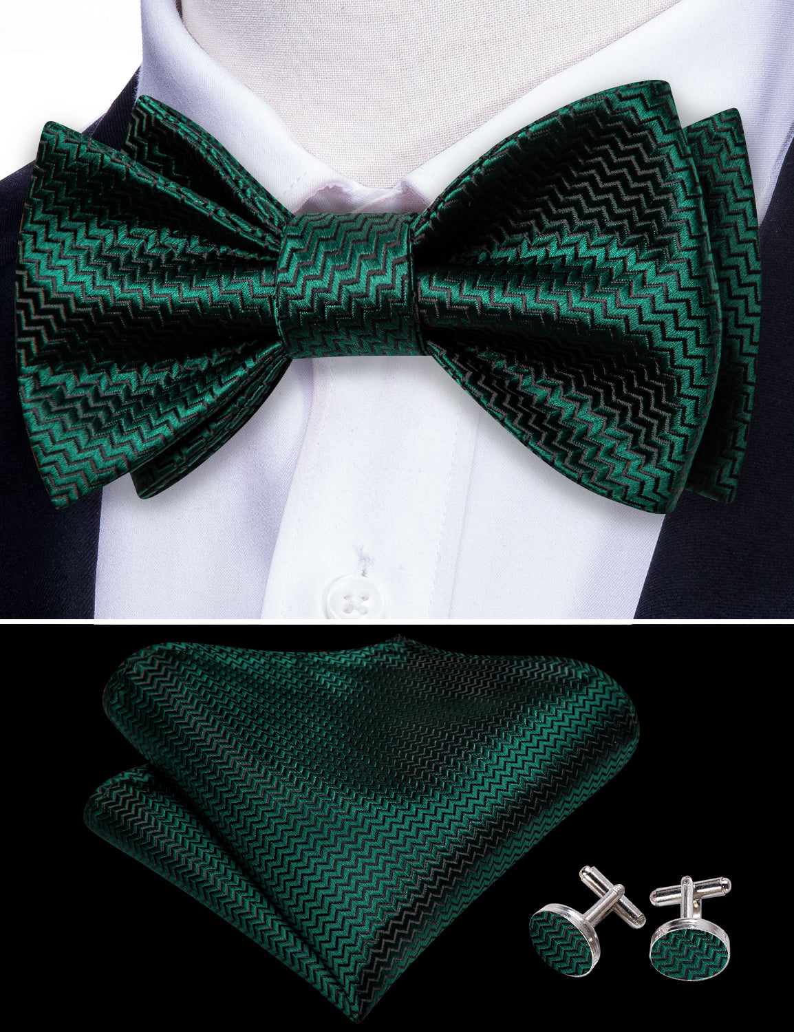 Dark Green Solid Silk Bow Tie Hanky Cufflinks Set