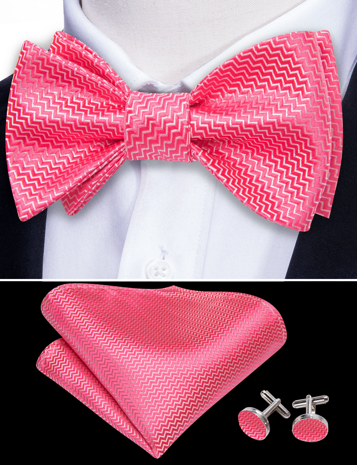 Shock Pink Striped Silk Bow Tie Hanky Cufflinks Set