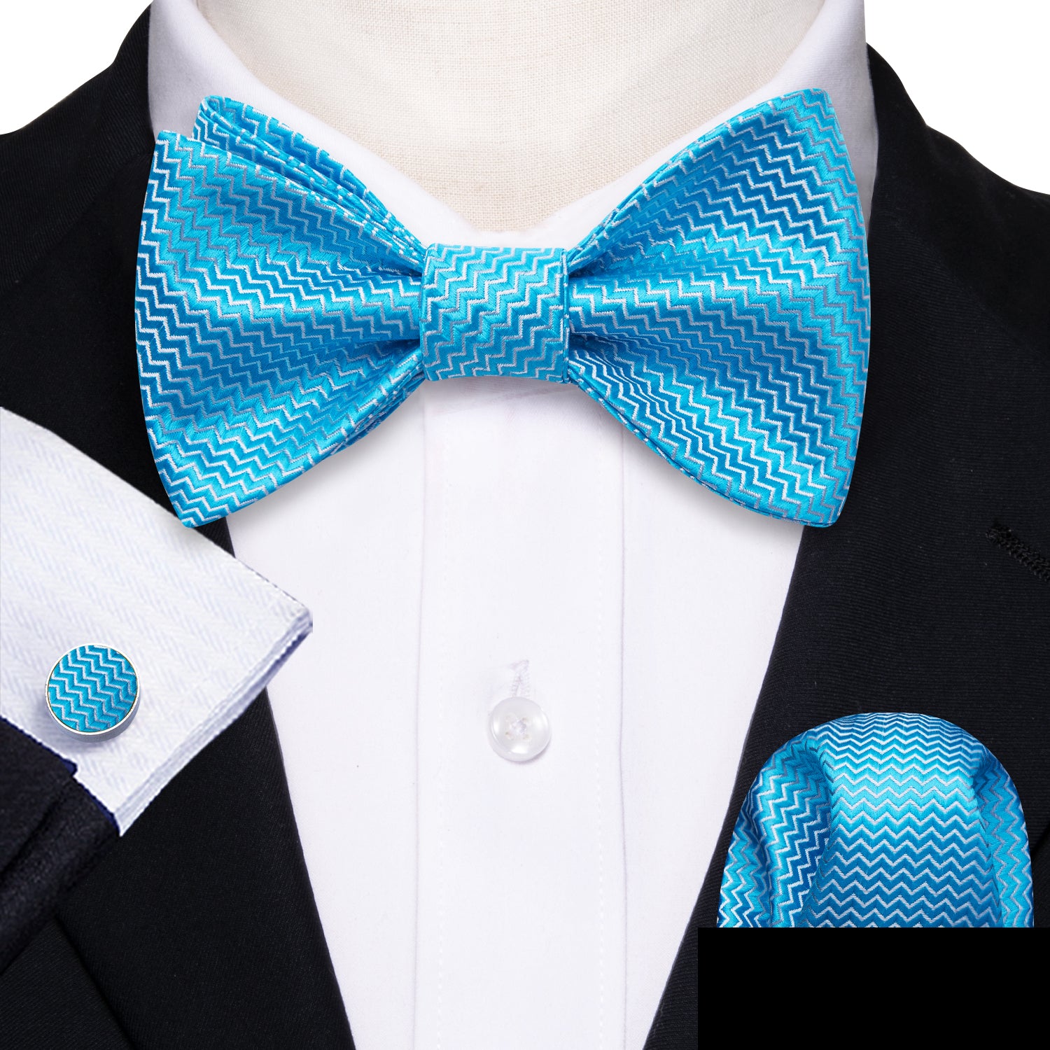 Sky Blue Striped Silk Bow Tie Hanky Cufflinks Set
