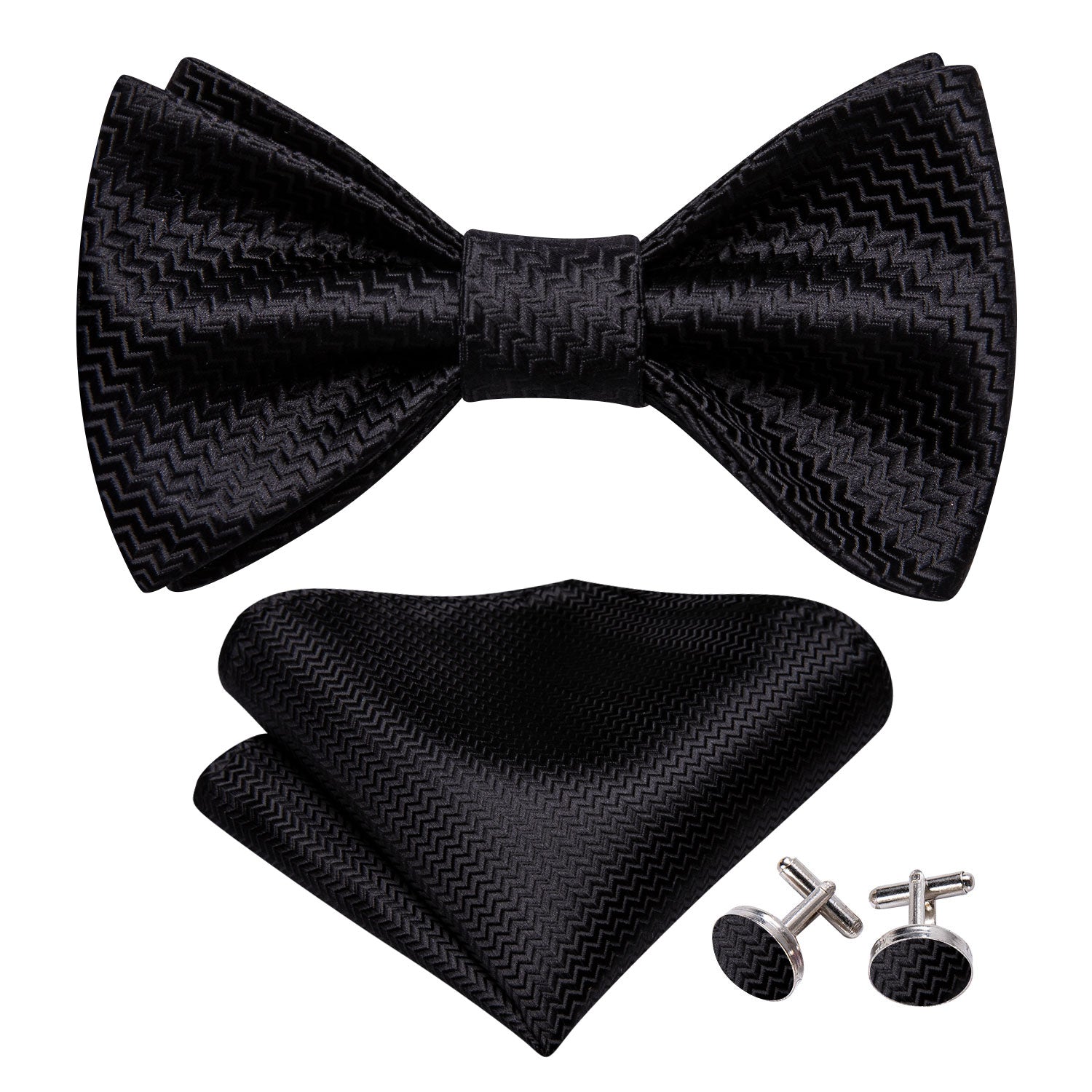 Black Striped Silk Bow Tie Hanky Cufflinks Set