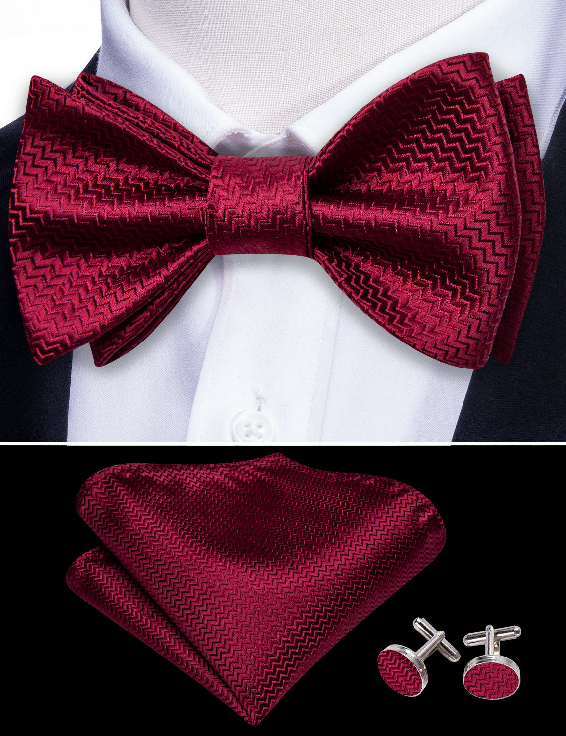 Dark Red Striped Silk Bow Tie Hanky Cufflinks Set
