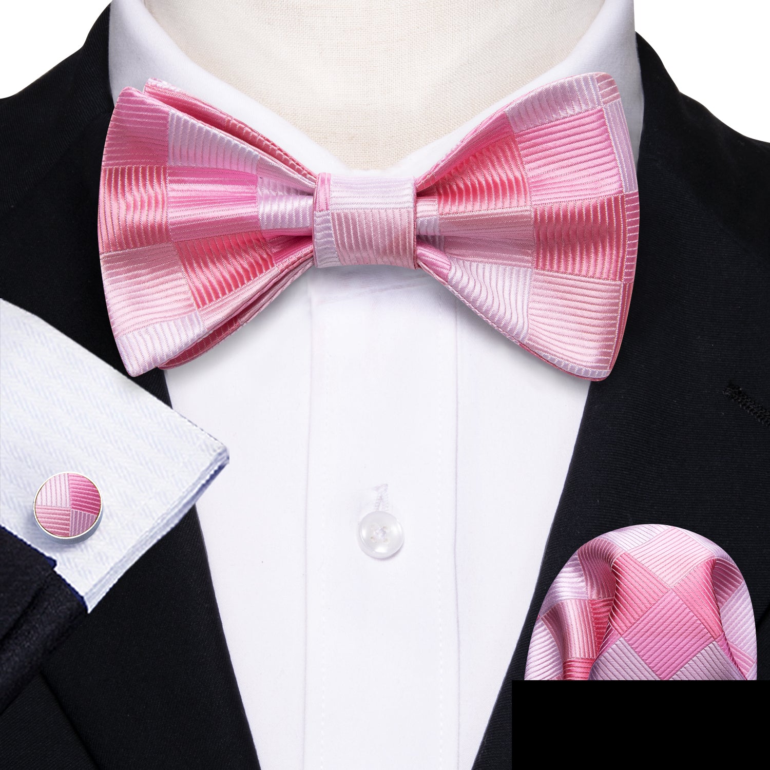 Pink White Plaid Silk Bow Tie Hanky Cufflinks Set