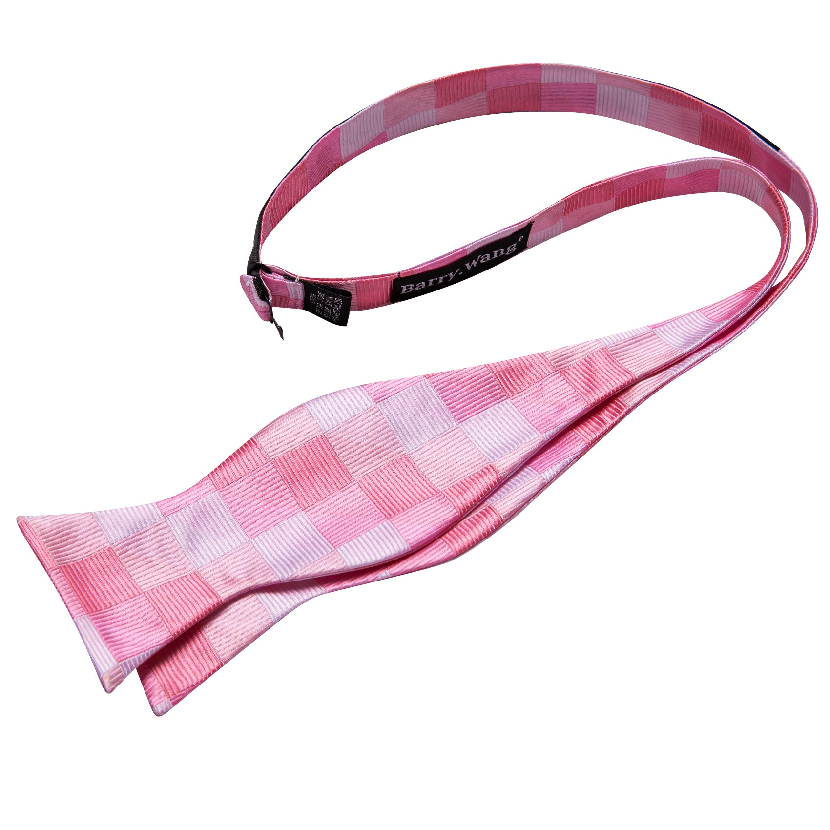 Pink White Plaid Silk Bow Tie Hanky Cufflinks Set