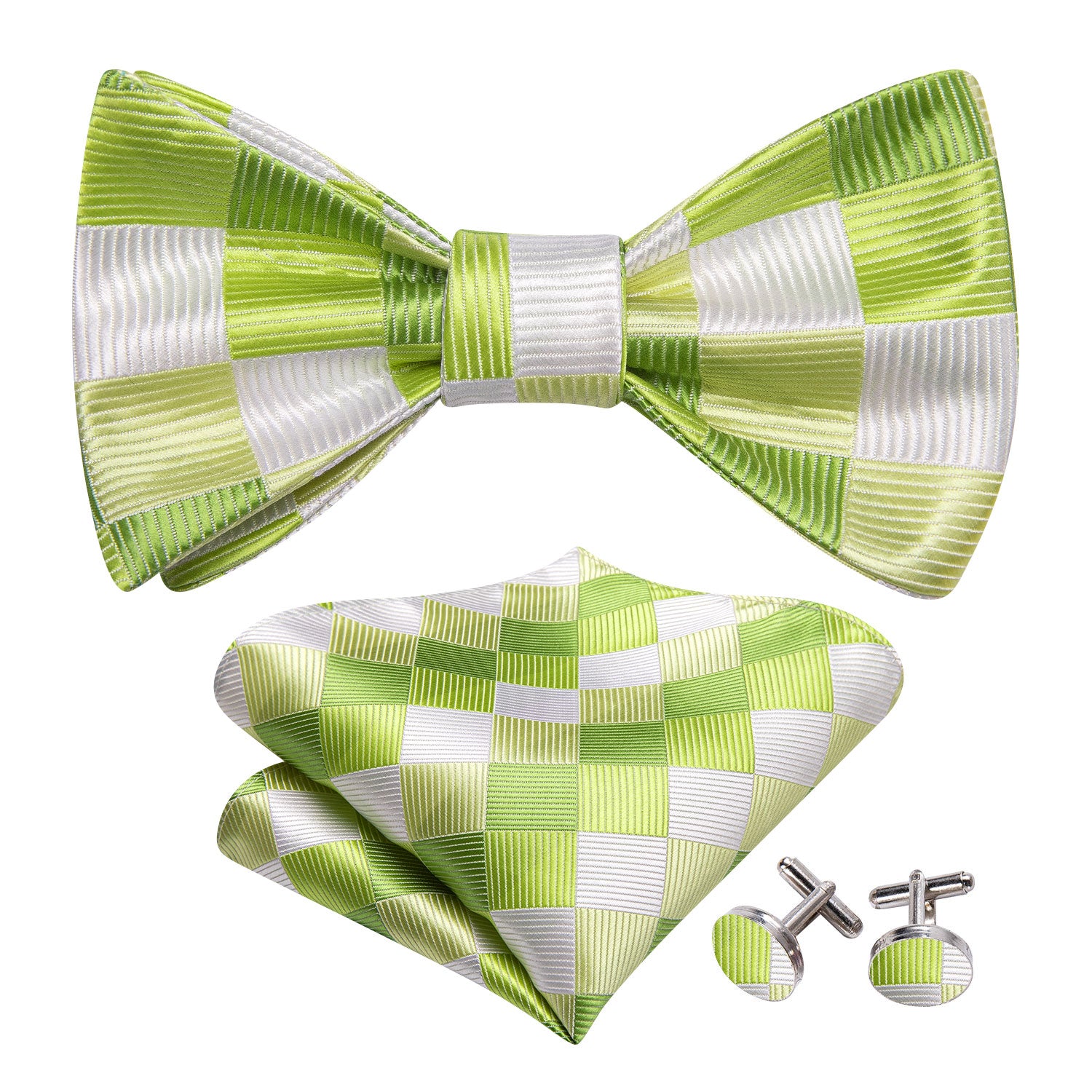 Green White Plaid Silk Bow Tie Hanky Cufflinks Set