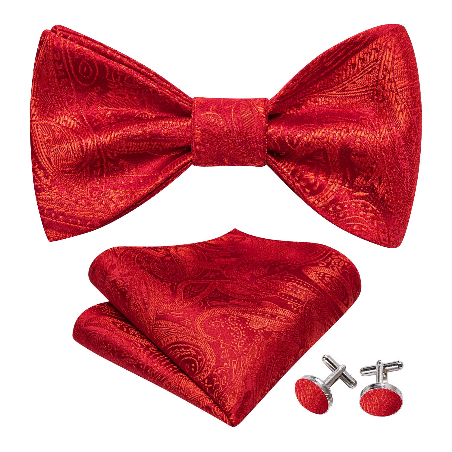 Strong Red Paisley Silk Bow Tie Hanky Cufflinks Set