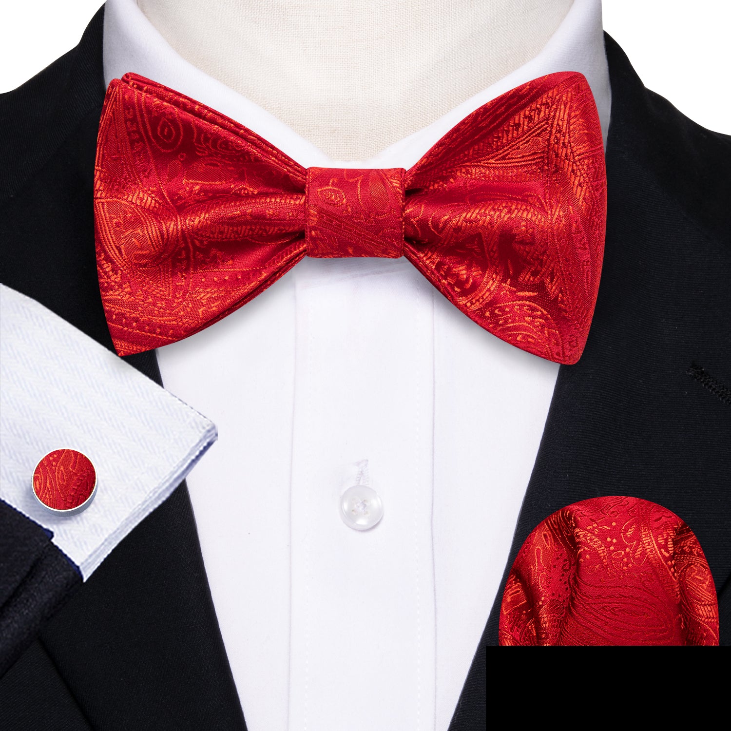Strong Red Paisley Silk Bow Tie Hanky Cufflinks Set