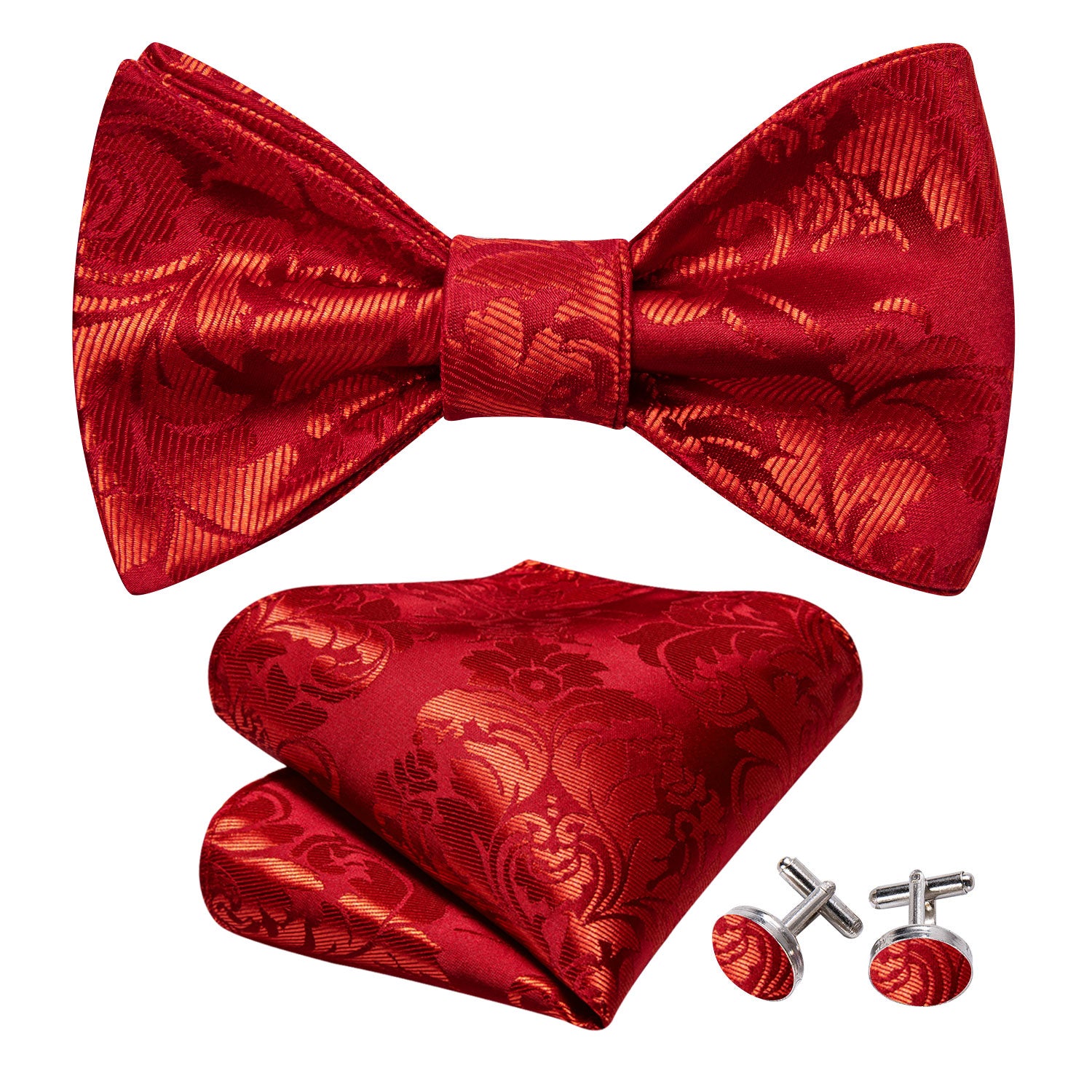 Red Floral Silk Bow Tie Hanky Cufflinks Set