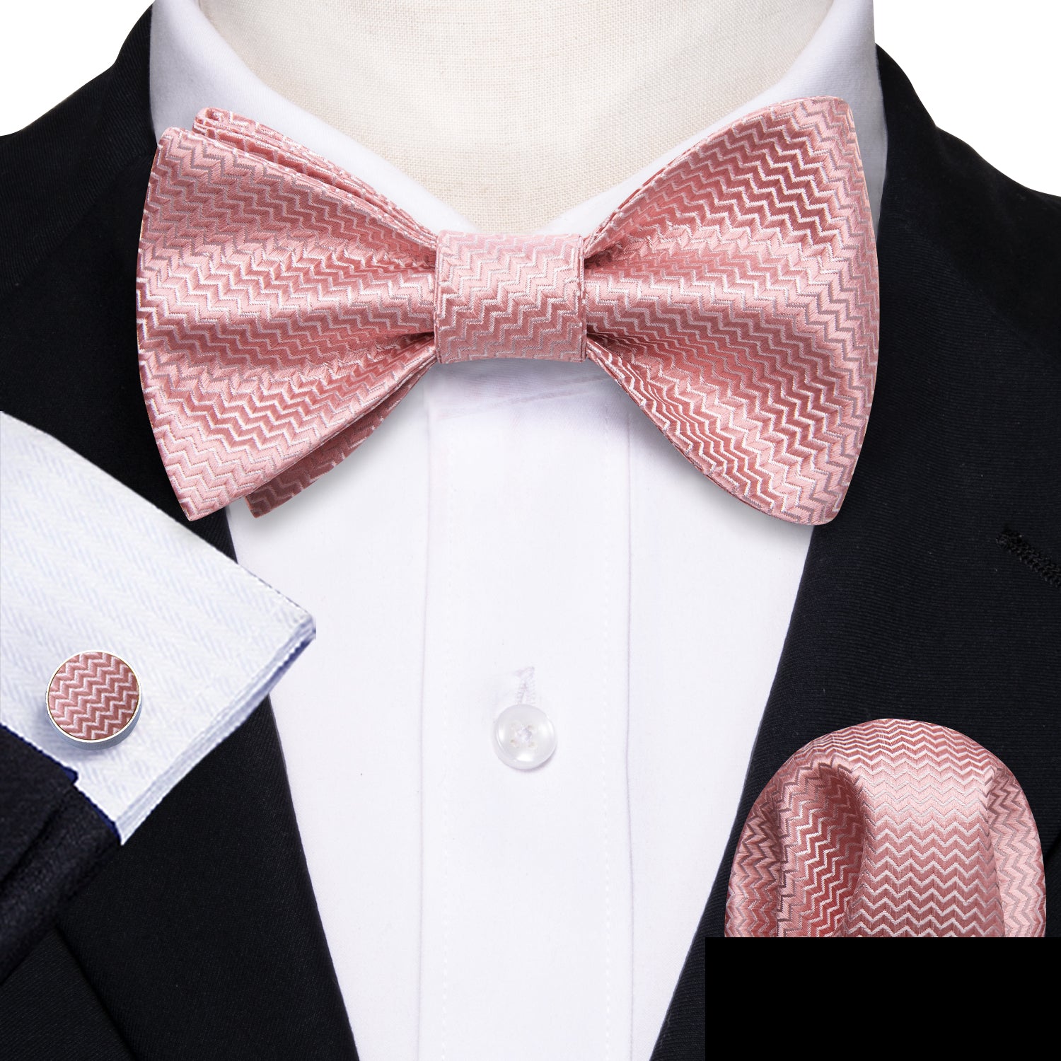 Pink White Striped Silk Bow Tie Hanky Cufflinks Set