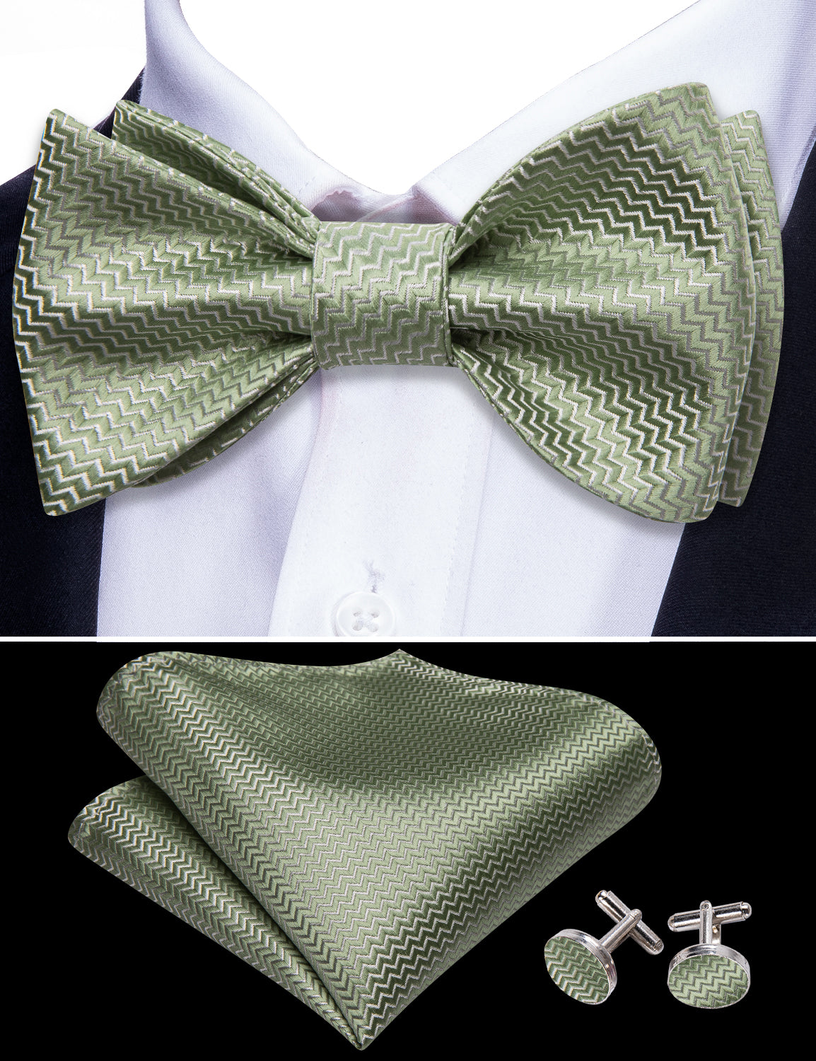Green Striped Silk Bow Tie Hanky Cufflinks Set