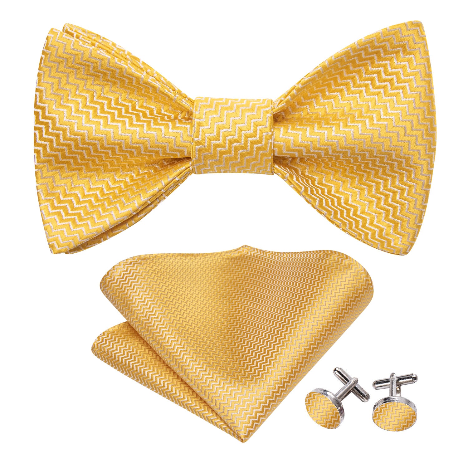 Yellow White Striped Silk Bow Tie Hanky Cufflinks Set