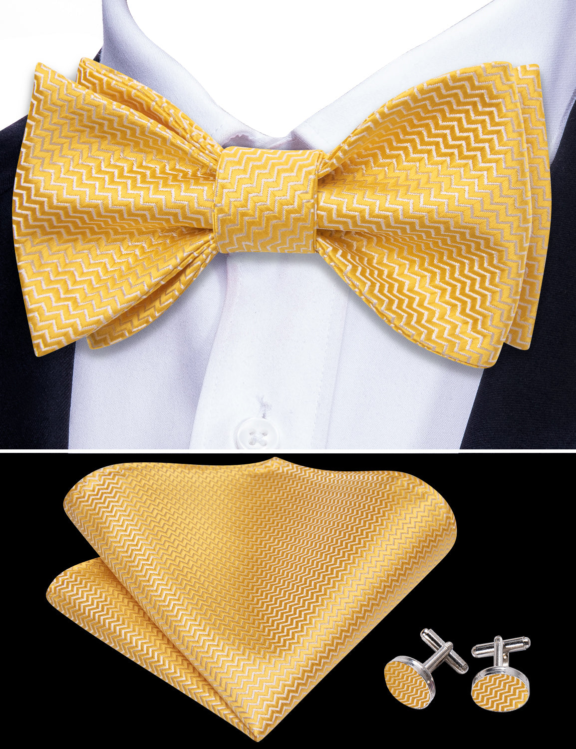 Yellow White Striped Silk Bow Tie Hanky Cufflinks Set