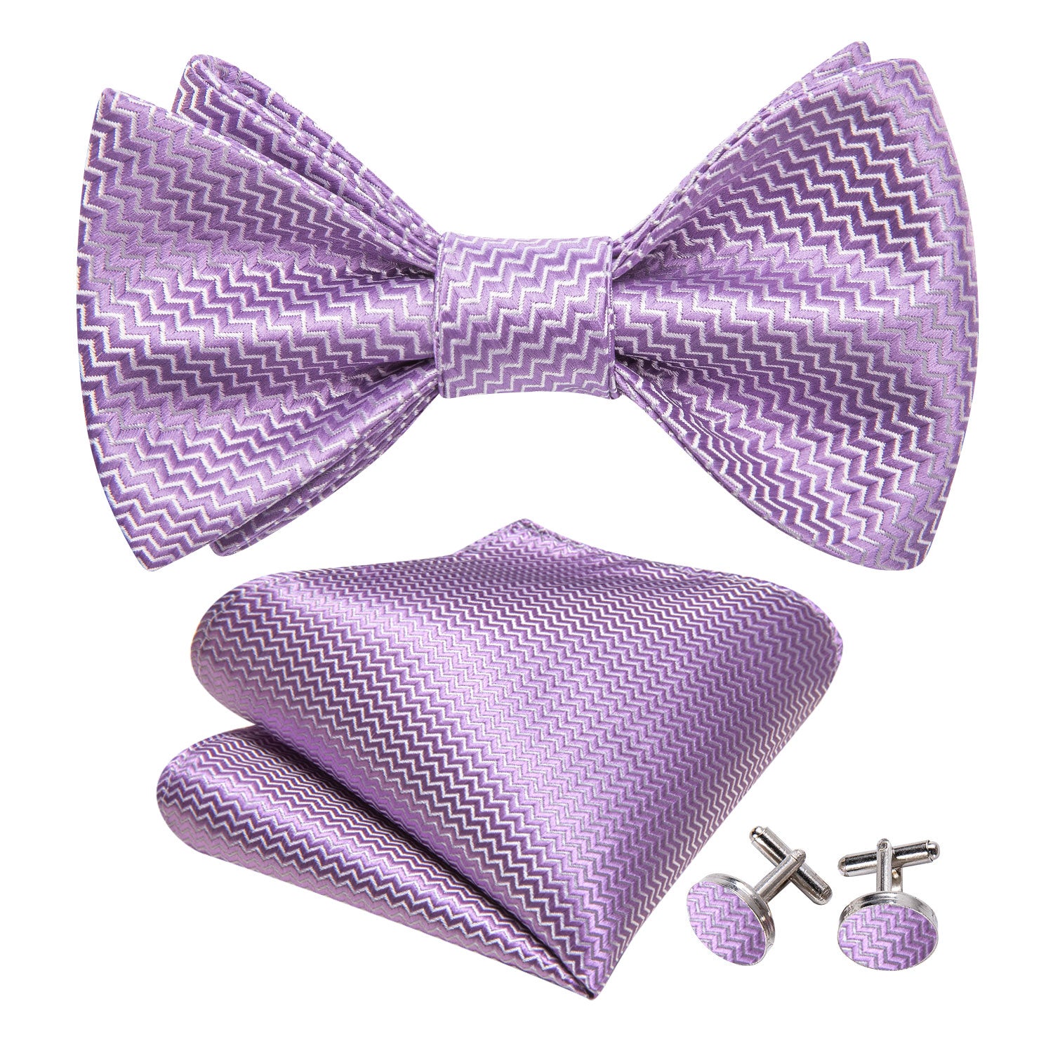 Purple White Striped Silk Bow Tie Hanky Cufflinks Set