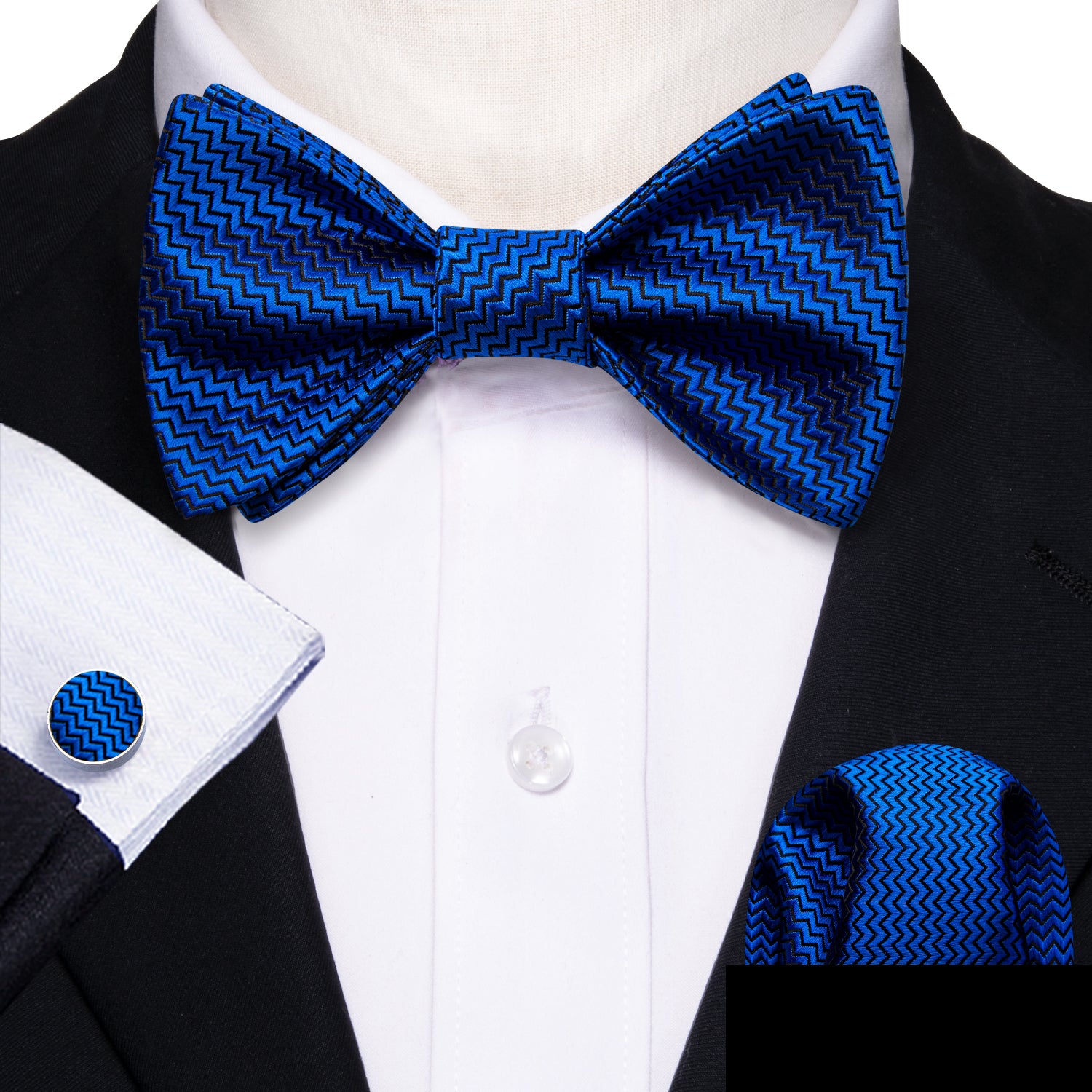 Navy Blue Striped Silk Bow Tie Hanky Cufflinks Set