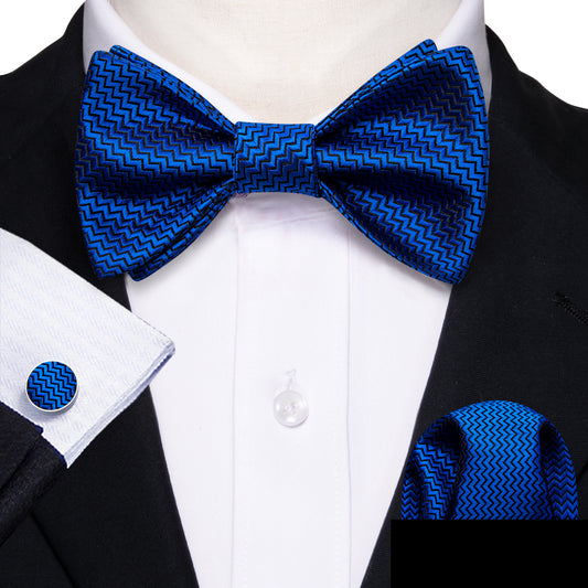 Barry. Wang Royal Blue Bow Tie Men's Solid Striped Silk Bow Tie Hanky Cufflinks Set for Wedding Party
