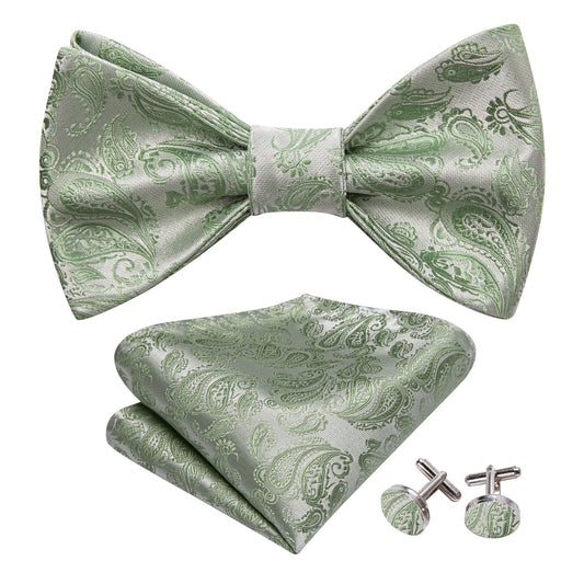 Barry. Wang Sage Green Bowtie Adjustable Paisley Self-tied Bowtie Hanky Cufflinks Set for Formal Tuxedo