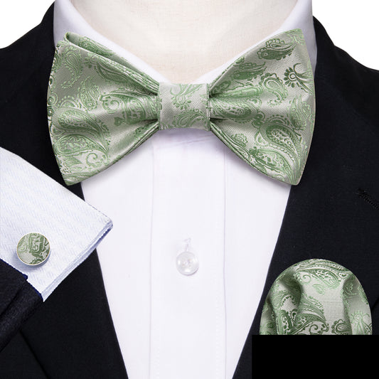 Barry. Wang Sage Green Bowtie Adjustable Paisley Self-tied Bowtie Hanky Cufflinks Set for Formal Tuxedo