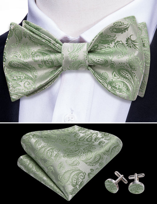 Barry. Wang Sage Green Bowtie Adjustable Paisley Self-tied Bowtie Hanky Cufflinks Set for Formal Tuxedo