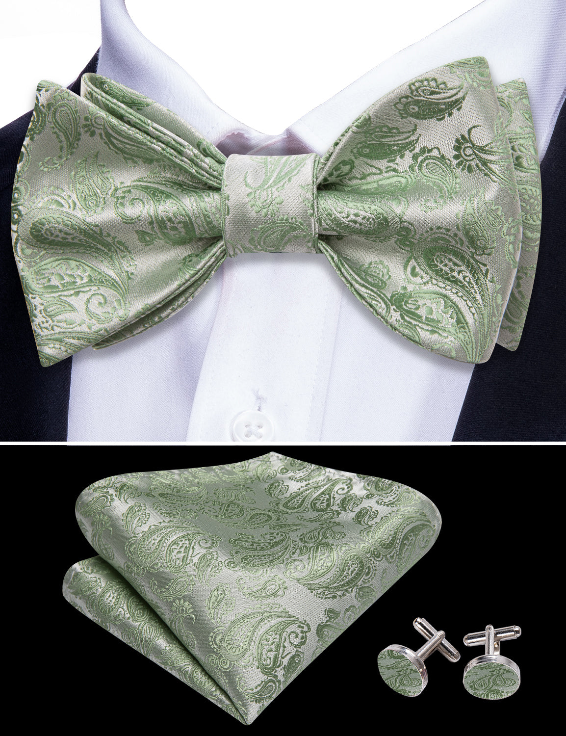 Green Silver Paisley Silk Bow Tie Hanky Cufflinks Set