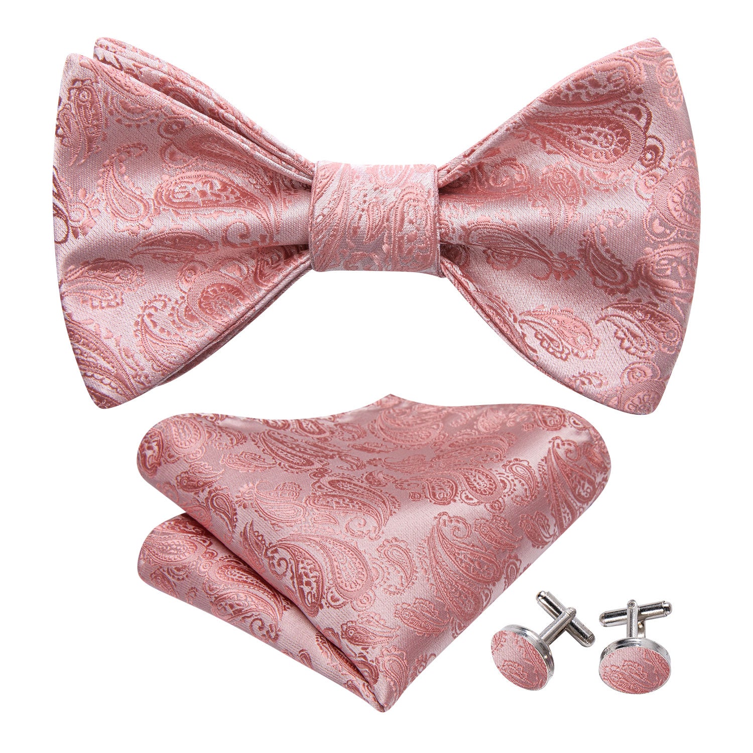 Pink Silver Paisley Silk Bow Tie Hanky Cufflinks Set