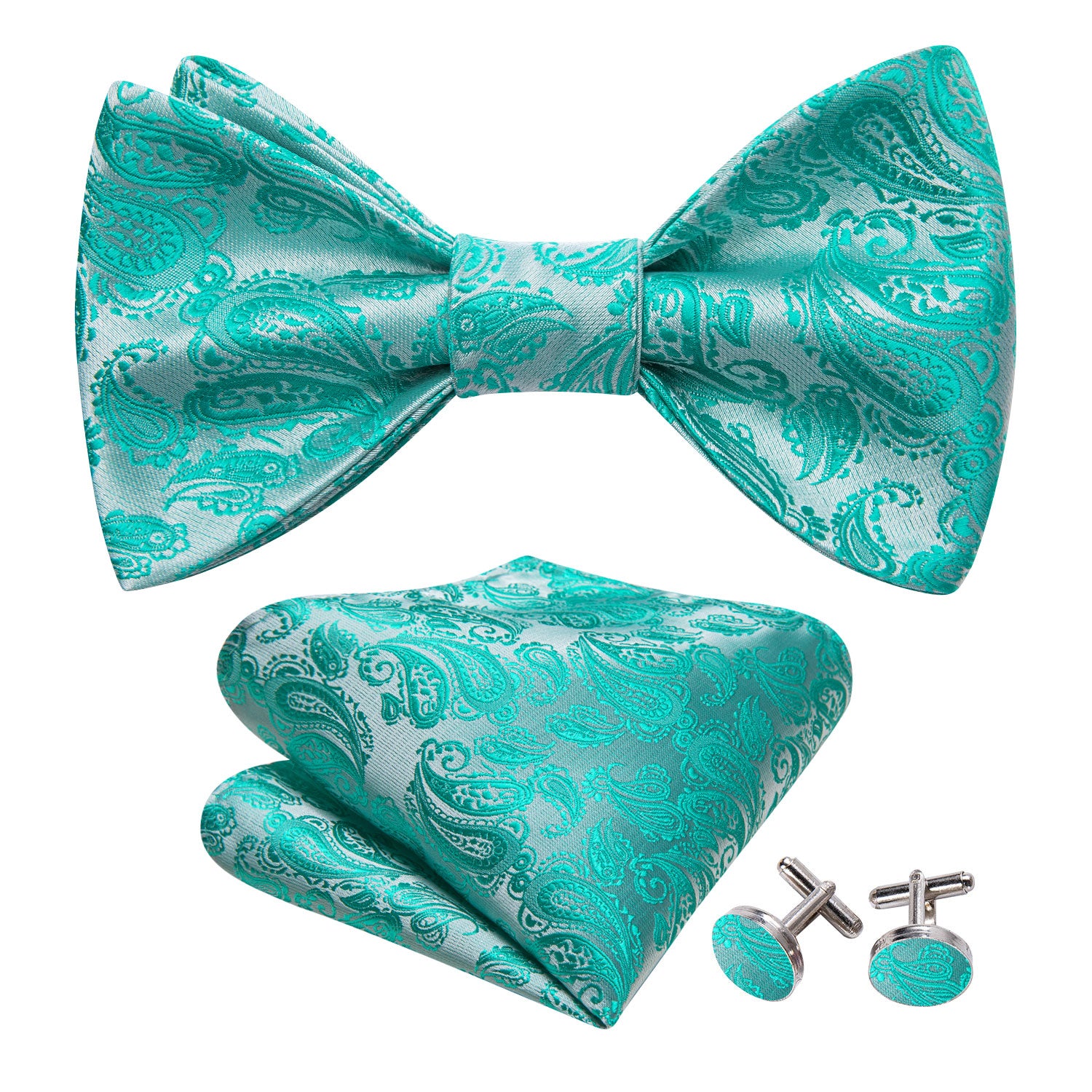 Aqua Silver Paisley Silk Bow Tie Hanky Cufflinks Set
