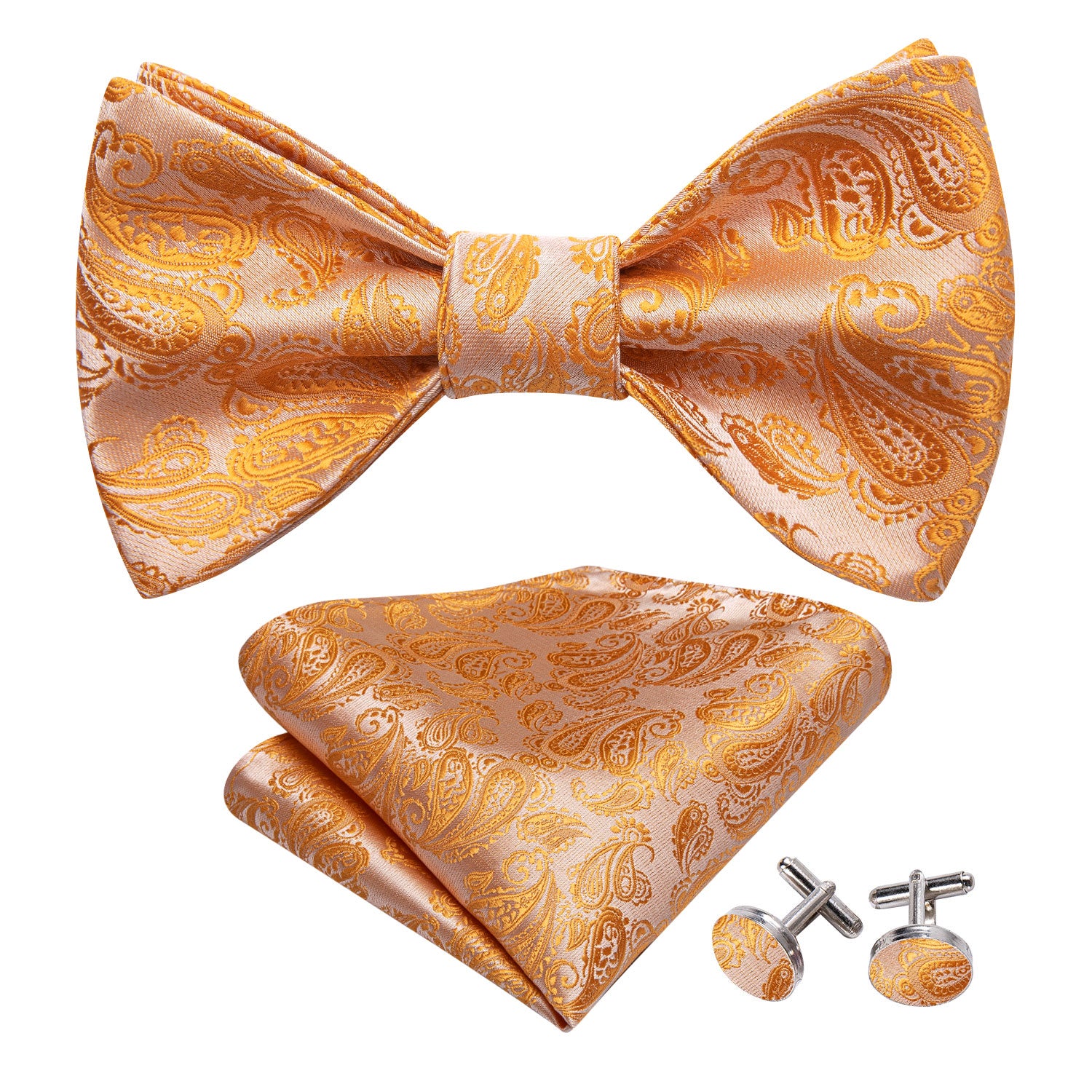 Orange Silver Paisley Silk Bow Tie Hanky Cufflinks Set