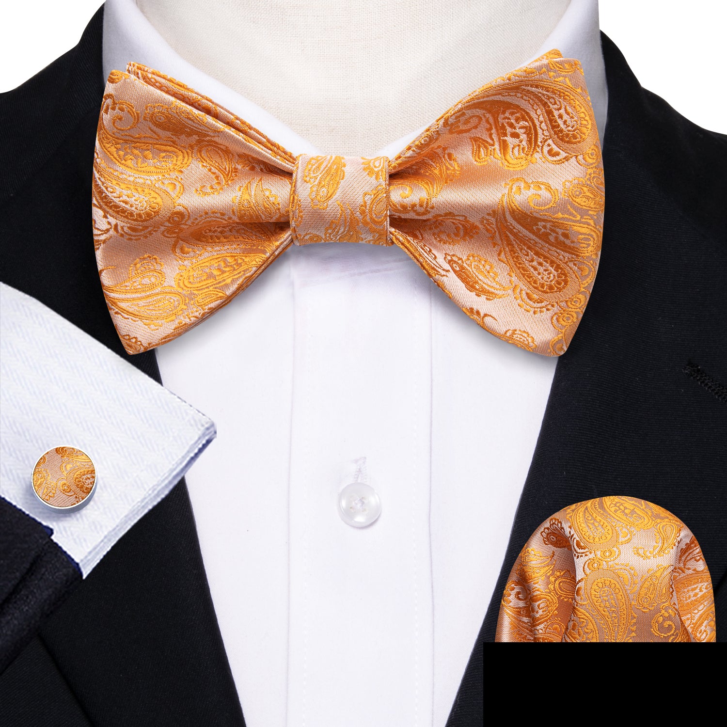 Orange Silver Paisley Silk Bow Tie Hanky Cufflinks Set
