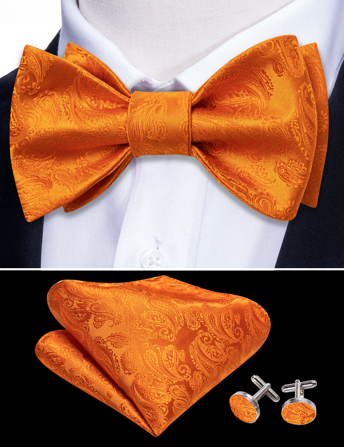 Barry.wang Orange Tie Paisley Silk Men's Bow Tie Hanky Cufflinks Set