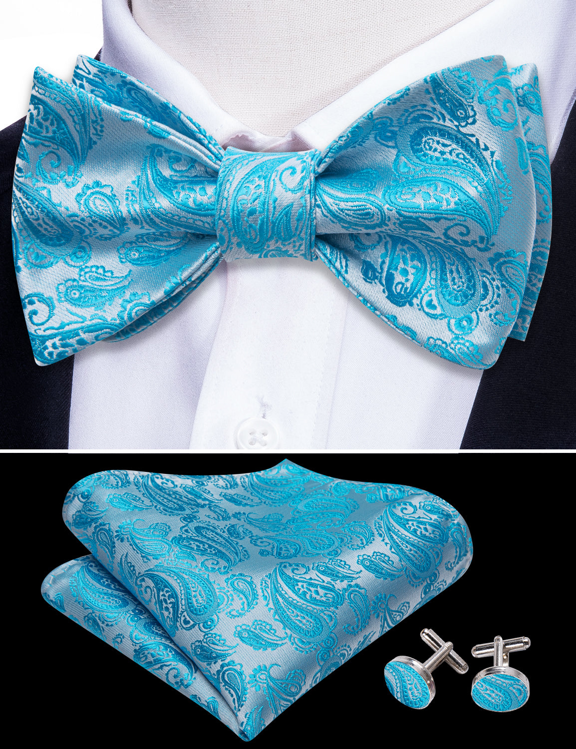 Blue Silver Paisley Silk Bow Tie Hanky Cufflinks Set