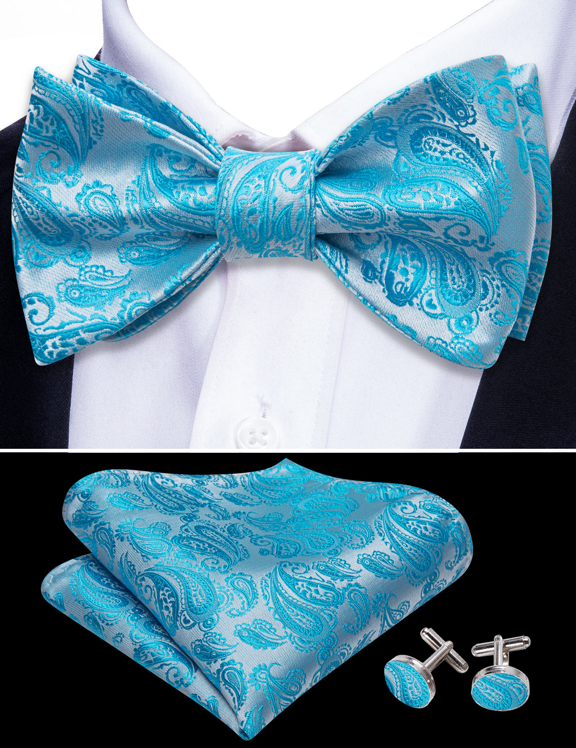 Blue Silver Paisley Silk Bow Tie Hanky Cufflinks Set