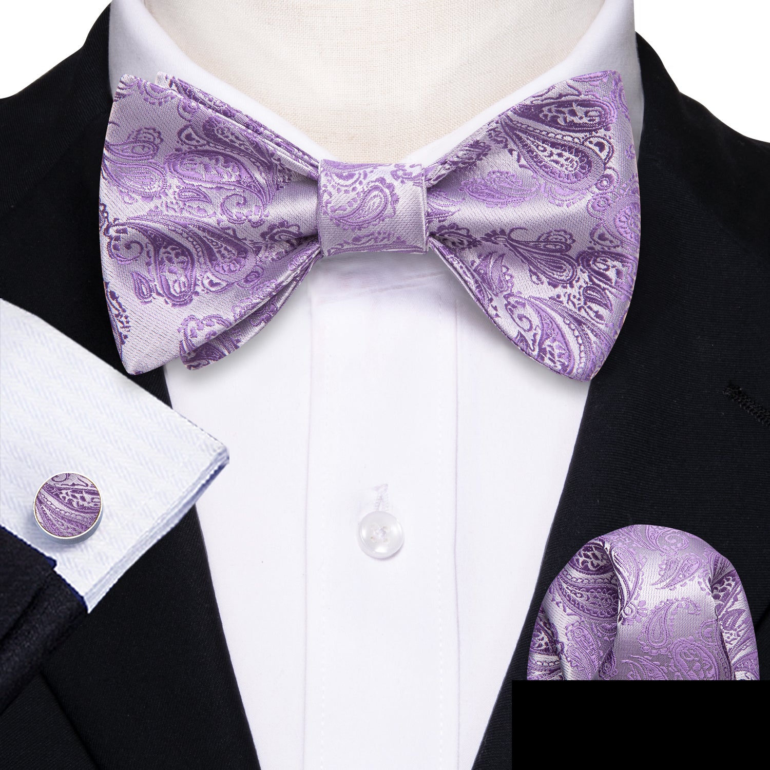 Purple Silver Paisley Silk Bow Tie Hanky Cufflinks Set